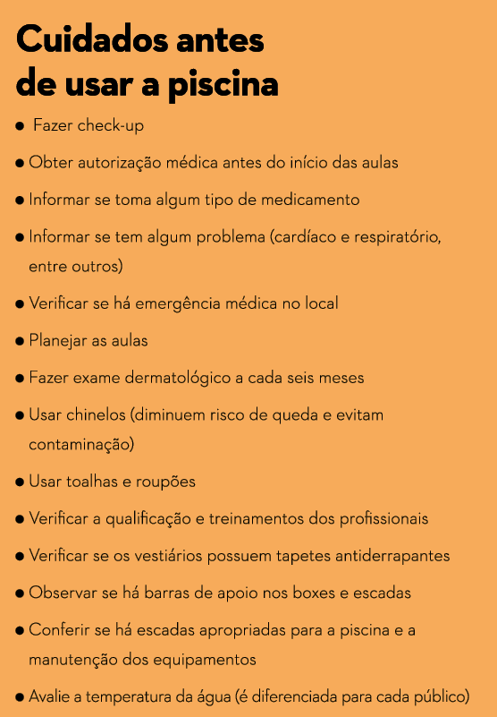 Cuidados antes de usar a piscina     Fazer check-up    Obter autoriza  o m dica antes do in cio das aulas    Informar   