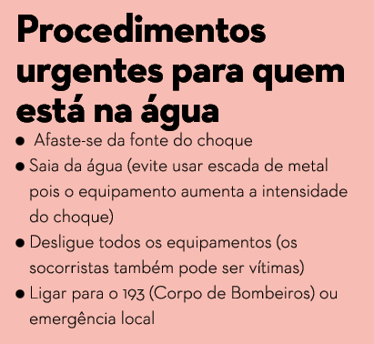 Procedimentos urgentes para quem est  na  gua     Afaste-se da fonte do choque    Saia da  gua  evite usar escada de    