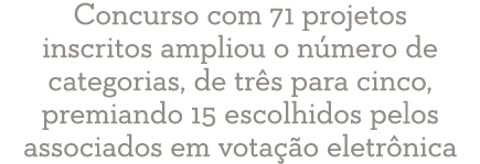 Concurso com 71 projetos inscritos ampliou o n mero de categorias, de tr s para cinco, premiando 15 escolhidos pelos    