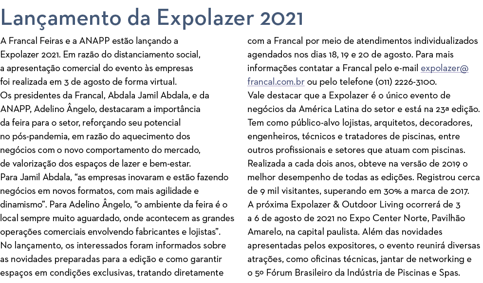 Lan amento da Expolazer 2021 A Francal Feiras e a ANAPP est o lan ando a Expolazer 2021  Em raz o do distanciamento s   