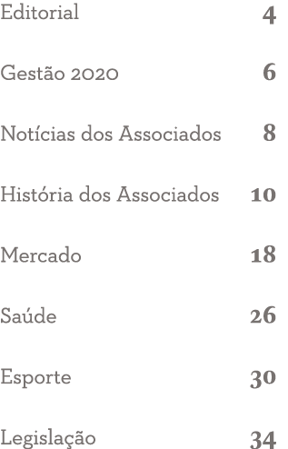 Editorial 4 Gest o 2020 6 Not cias dos Associados 8 Hist ria dos Associados 10 Mercado 18 Sa de 26 Esporte 30 Legisla   