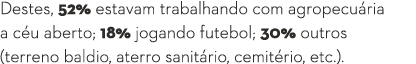 Destes, 52% estavam trabalhando com agropecuária a céu aberto; 18% jogando futebol; 30% outros (terreno baldio, aterr   