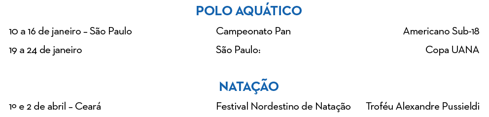 POLO AQUÁTICO 10 a 16 de janeiro   São Paulo Campeonato Pan Americano Sub-18 19 a 24 de janeiro São Paulo: Copa UANA    