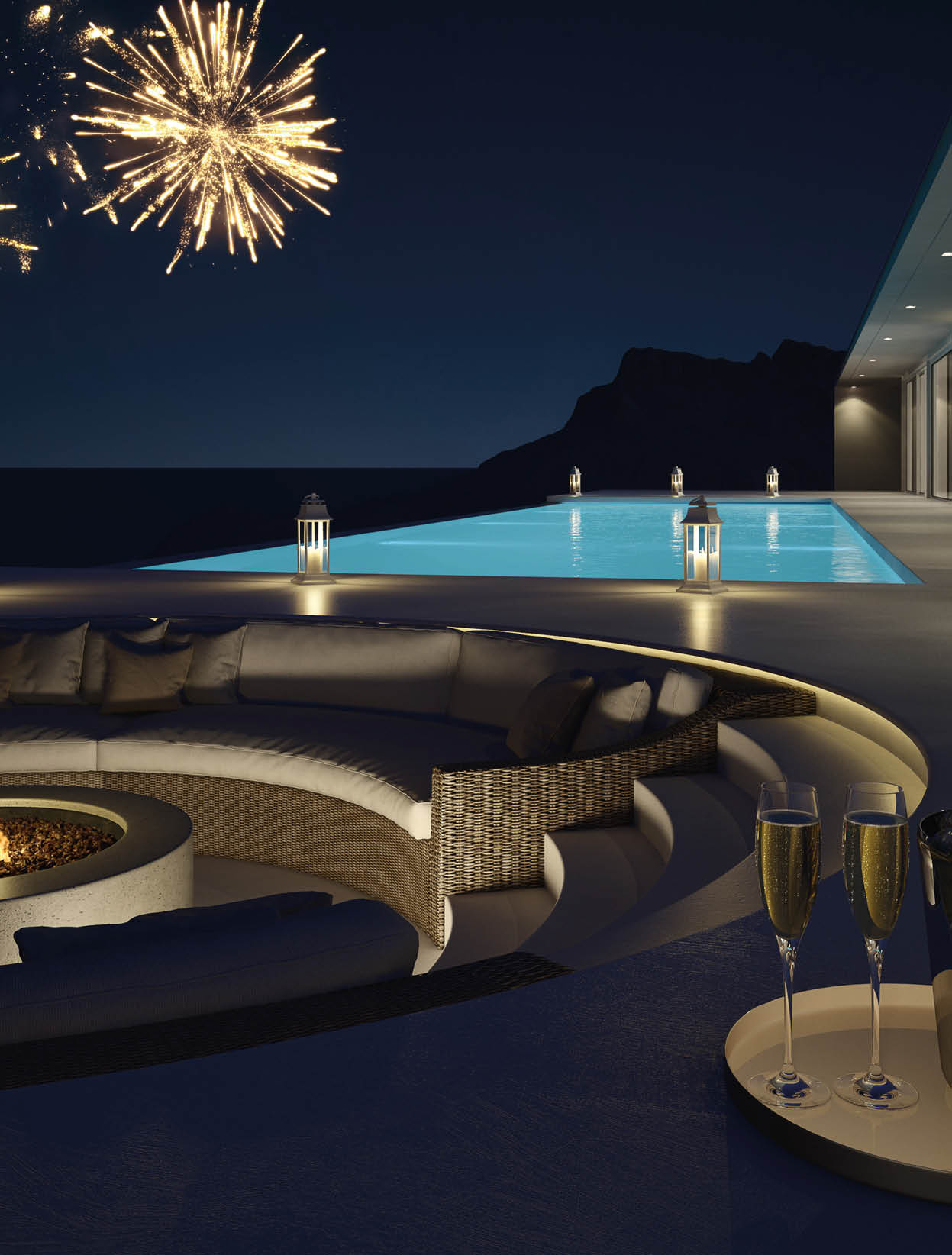 pool villa with fireworks and champagne. 3d rendering