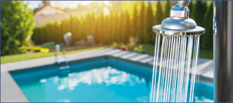 Running Outdoor Swimming Pool Shower. Residential Backyard Recreation.