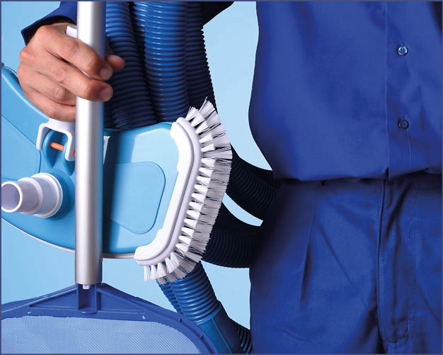Concept swimming pool maintenance worker with chemical cleaning products and tools with blue background. Horizontal composition. Front view
