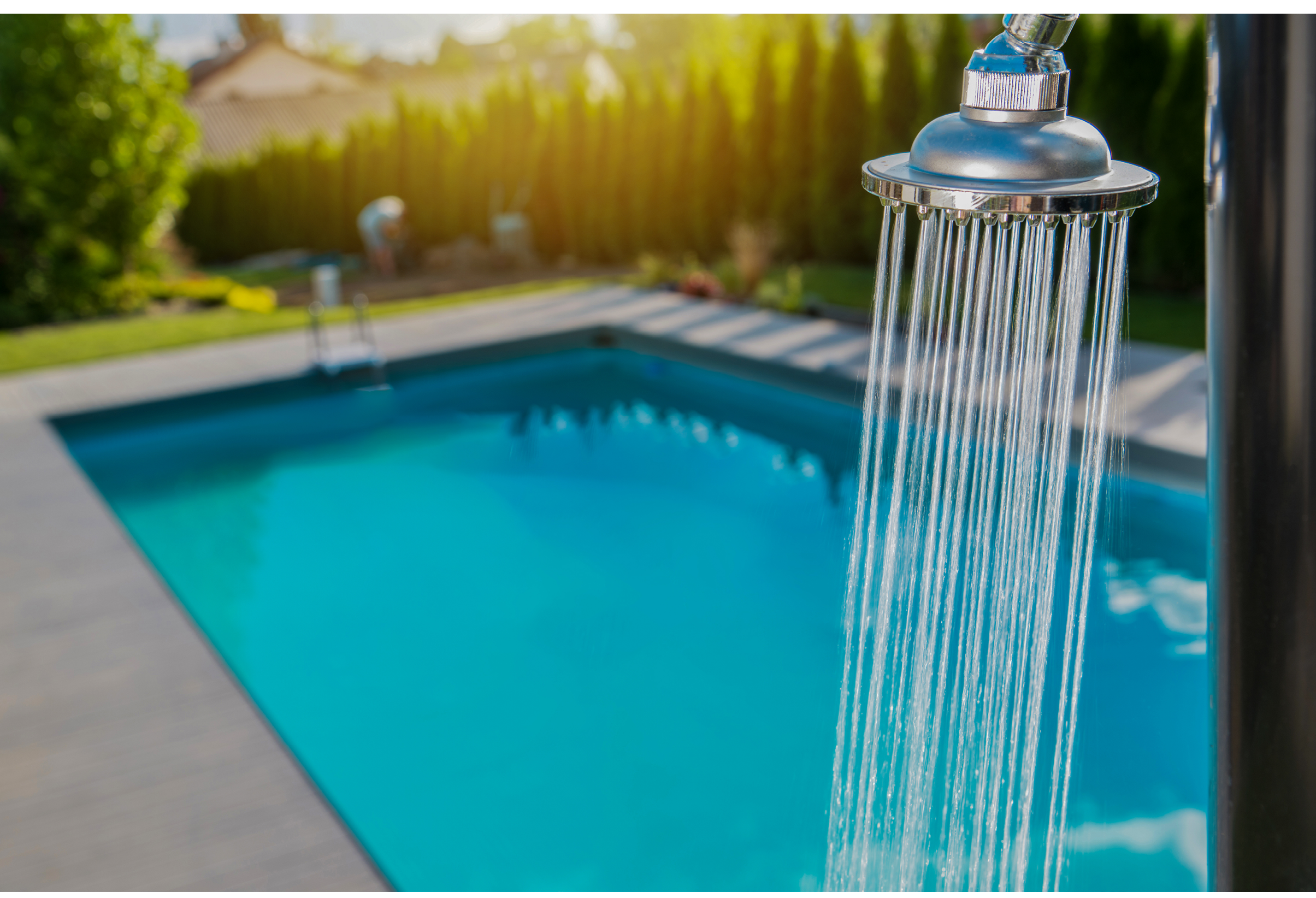 Running Outdoor Swimming Pool Shower. Residential Backyard Recreation.