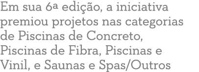 Em sua 6ª edi o, a iniciativa premiou projetos nas categorias de Piscinas de Concreto, Piscinas de Fibra, Piscinas e...