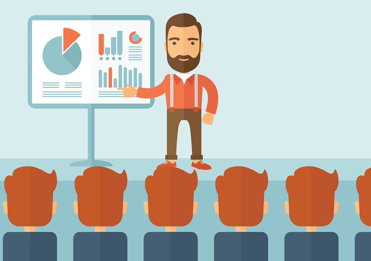The man with a beard presenting his report through infographics in office. Reporting concept. Vector flat design illustration. Vertical layout with a text space in a top right corner.